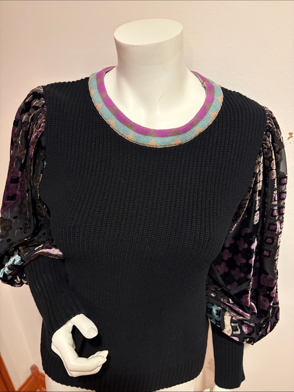 Black Knit Sweater with flocked  velvet multicolor pattern Puff Sleeves